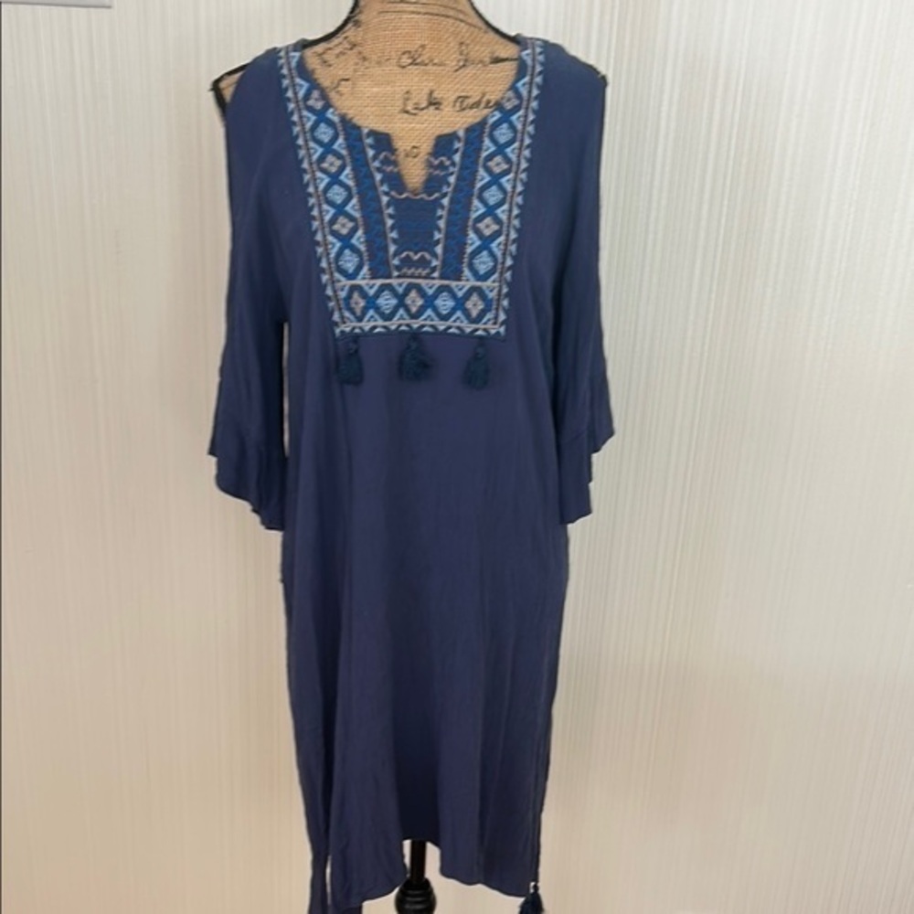 Democracy Blue Bohemian Midi/ Cold Shoulder Dress with Embroidered Details
